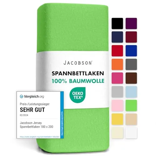 Jacobson Jersey Spannbettlaken Spannbetttuch Baumwolle Bettlaken (120x200-130x200 cm, Apfelgrün)