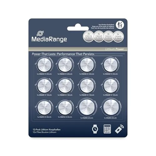 MediaRange Lithium Knopfzellen-Set, Sortiert, CR2016|CR2025|CR2032|CR2450, 12er Pack