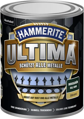 Hammerite ULTIMA Metallschutz Lack - Rostschutz in Moosgrün 750ml - Hochwertiger Lack für Außen- und Innenbereich, schnelltrocknend und UV-beständig für langanhaltenden Schutz und glänzendes Finish.