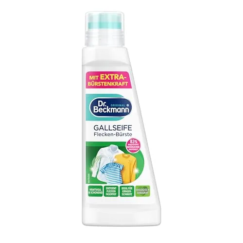 Dr. Beckmann Gallseife Flecken-Bürste | 250 ml - Fleckenbehandlung mit natürlicher Gallseife und weicher Bürste, entfernt effektiv fetthaltige Flecken und ist schonend zu Textilien.