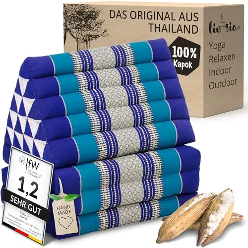 livasia Thaikissen 3 Auflagen extrahoch - Faltbares Dreieckskissen (185x55x8cm) in Blau - Erlebe entspannende Momente mit dem livasia Thaikissen! Die extrahohe Rückenstütze und die klappbare Matratze bieten Komfort für Yoga, Meditation oder beim Entspannen im Freien. Handgefertigt aus nachhaltigen Materialien.