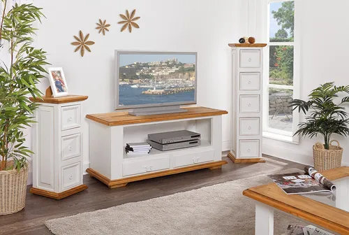 TV Phono Tisch Lowboard Kommode aus massiver Pinie, Mexico Weiß/Honig - Elegantes TV Lowboard im Shabby Chic Design, gefertigt aus hochwertigem massivem Holz. Ideal für Ihr Wohnzimmer, bietet Platz für Unterhaltungselektronik und passt perfekt in den Landhausstil.