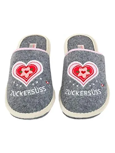 Adelheid Zuckersüss Filzpantoffel, mausgrau, Größe 40/41 - Damen-Hausschuhe mit aufwendiger Stickerei und rutschhemmender Sohle, perfekt für gemütliche Stunden zu Hause.