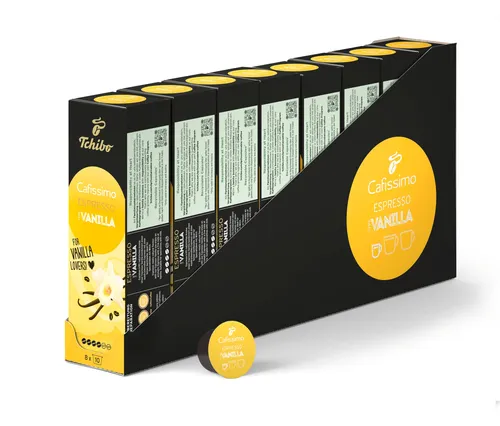 Tchibo Cafissimo Espresso Vanilla Kaffeekapseln - 80 Stück - Kaffee, aromatisch mit feiner Vanillenote, nachhaltig & fair gehandelt, für ein vollmundiges Geschmackserlebnis in jeder Tasse.