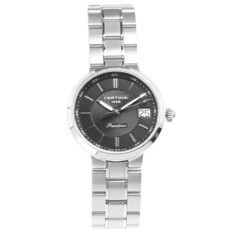 Certina C031.210.11.051.00 Damen Uhr DS Stella Precidrive – Klassische Eleganz - Elegante Damenarmbanduhr mit Quarzwerk und Datumsanzeige. Gehäuse aus glänzendem Silber und schwarzem Zifferblatt. Ideal für stilbewusste Frauen, die Wert auf Qualität legen.