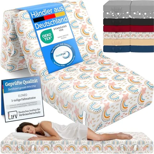 ELONEO Klappmatratze - 3-teilige Gästematratze mit 15cm Schaumstoff - Die ELONEO Klappmatratze bietet hohen Schlafkomfort und Flexibilität. Ideal für Gäste, als Sitzgelegenheit oder Spielmatte. Leicht zu transportieren und platzsparend zusammenklappbar.