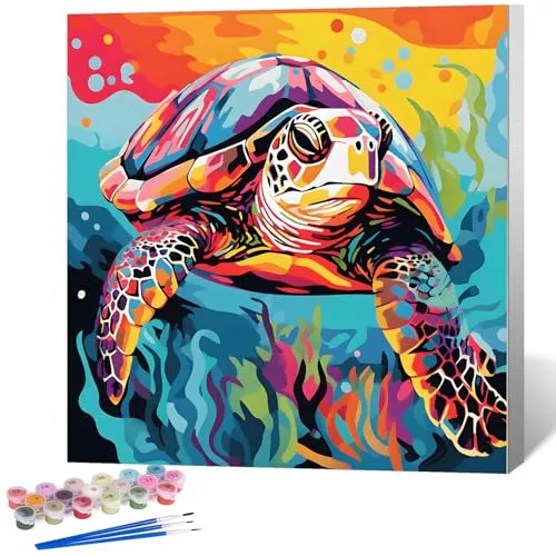 OkarinaArt Malen nach Zahlen für Erwachsene mit Rahmen – Meeresschildkröte & Meerestiere, Framed Paint by Numbers Set auf Leinwand für DIY Wanddekoration, 25 x 25 cm