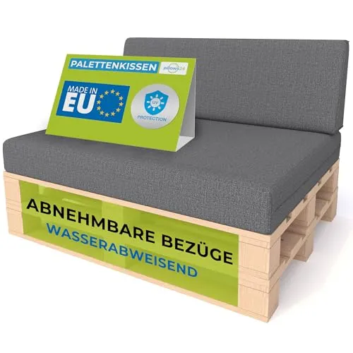 Pillows24 Palettenkissen Set - Dunkelgrau für Europaletten - 2er Set Palettenkissen, wasserabweisend und UV-beständig, ideal für Garten und Balkon. Mit 15 cm Schaumstofffüllung für hohen Komfort und abnehmbaren, waschbaren Bezügen für einfache Pflege.