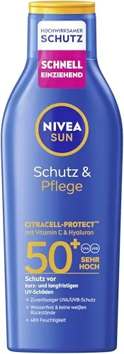 NIVEA SUN Schutz & Pflege Sonnenlotion LSF 50+, wasserfester Sonnenschutz mit Vitamin C & Hyaluron, schnell einziehende Sonnencreme für 48h Feuchtigkeit ohne weiße Rückstände (200 ml)