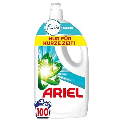 Ariel Flüssigwaschmittel Universal+, 100 Waschladungen - Spezialwaschmittel mit kraftvoller Fleckenentfernung ab der 1. Wäsche und langanhaltender Febreze-Frische. Ideal für Kaltwäsche und empfohlen von führenden Waschmaschinen-Herstellern.