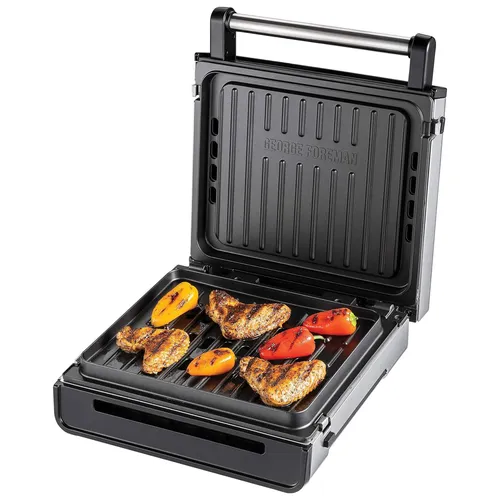 GEORGE FOREMAN Smokeless Edelstahl Kontakt-Grill - rauchfreier Tisch-Grill, 87% weniger Rauch und 70% energieeffizient, ideal für fettfreies Grillen