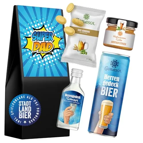 Corasol Feinkost Geschenkset Herrengedeck - Super Dad mit Schnaps, Bier, Bonbons & Hefeweizen Gelee