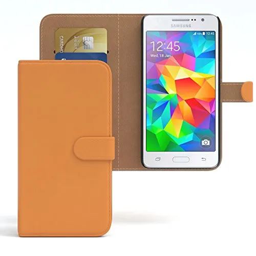 EAZY CASE Tasche kompatibel mit Samsung Galaxy Grand Prime Schutzhülle mit Standfunktion Klapphülle Bookstyle, Handytasche Handyhülle mit Magnetverschluss und Kartenfach, Kunstleder, Orange