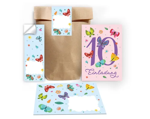 JUNAPACK Einladungskarten Schmetterling zum 10. Geburtstag Einladungen mit Umschlägen Mitgebsel, Mitbringsel Set Schmetterlinge zum zehnten Geburtstag Gastgeschenke