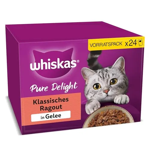 WHISKAS PURE DELIGHT Nassfutter in Gelee 24 x 85g - Klassisches Ragout für Katzen - Hochwertiges Nassfutter ohne künstliche Zusatzstoffe, für zarte Stückchen in köstlichem Gelee. Deckt den täglichen Nährstoffbedarf deiner Katze und sorgt für leckeren Genuss.