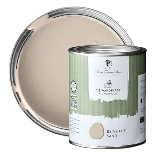 MissPompadour extramatte Wandfarbe Beige mit Sand 1L - sehr hohe Deckkraft - geruchsneutrale, spritzfreie Farbe - atmungsaktive, wasserbasierte Innenfarbe/Deckenfarbe - Die Wertvolle