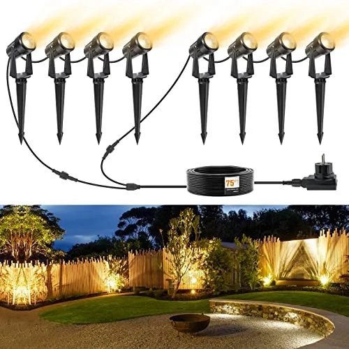 NIORSUN Gartenbeleuchtung LED, Warmweiß 3000K LED Strahler, IP67 Wasserdichter Gartenstrahler, 29 m 27 V Gartenleuchten mit Adapter, Gartenlampen für Draußen für Garten, Hof, Bäume(8er-Pack)
