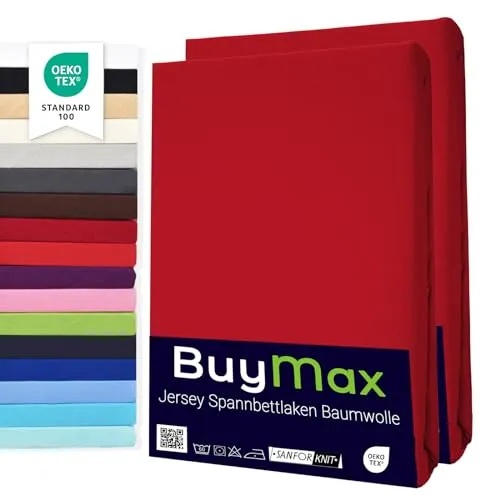 Buymax Spannbettlaken 60x120cm Doppelpack 100% Baumwolle Kinderbett Spannbetttuch Baby Bettlaken Jersey, Matratzenhöhe bis 15 cm, Farbe Rot