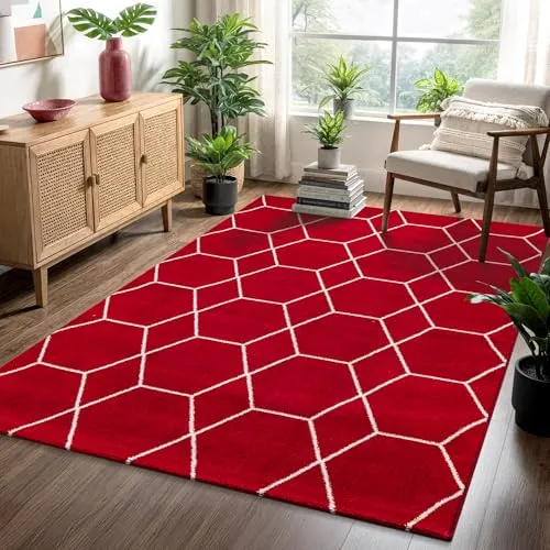 SANAT Wohnzimmerteppich – Pflegeleichtes Trellis Muster, Rot, 120 x 170 cm - Der stilvolle SANAT Teppich mit modernem Trellis Muster bringt Farbe und Komfort in jeden Raum. Pflegeleicht und robust, ideal für Wohnzimmer, Flure und mehr. OEKO-TEX zertifiziert für geprüfte Qualität.