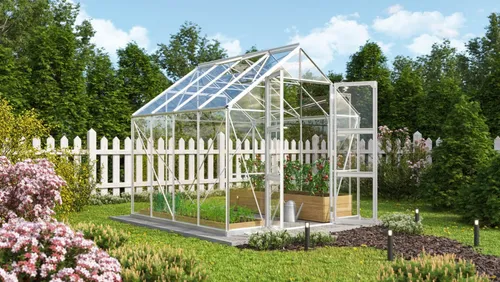 Vitavia Gewächshaus "Domus 6700" mit Zubehör - Aluminium Gewächshaus mit 6,7 m² und 3 mm ESG. Aktionsangebot mit über 100 Euro Zubehör, einschließlich Hygrometer und Min-Max-Thermometer für optimale Pflanzenpflege.