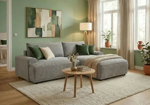 TRENDMANUFAKTUR Ecksofa Fordon, Schlafsofa mit Bettkasten, Couch in L-Form, Breite 250 cm, in Cordstoff HYPER, betongrau, Recamiere rechts
