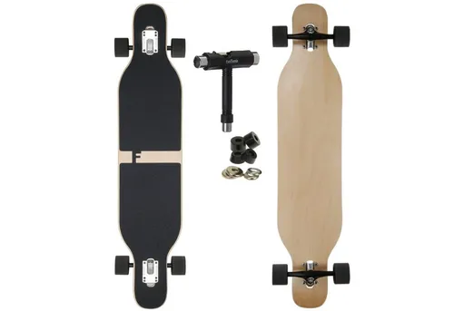 FunTomia Longboard Mach1 - Flex Stufen Cruiser mit Drop Through Design - Wähle dein Flex-Modell: Flex2 für 25 bis 84kg. Das 106cm lange Longboard aus Ahornholz bietet Stabilität und perfekte Kontrolle. Ideal für Cruising und Tricks mit Aluminium Achsen und 80A Rollen.