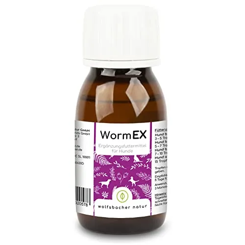 WormEx - Natürliche Wurmkur für Hunde - 100% pflanzliche Inhaltsstoffe wie Walnussöl, Hanfsamenöl und Kokosöl bieten eine sanfte Wurmkur. Einfach zu verabreichen, unterstützt die Gesundheit deines Hundes ohne schädliche Chemikalien.