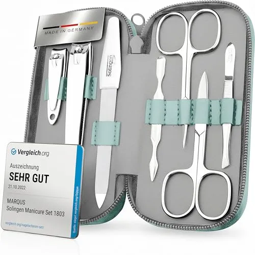 marQus Maniküre-Pediküre-Set 7-teilig - Hochwertiges Maniküre-Set aus glanzvernickeltem Stahl in mintfarbener Echtlederhülle, ideal für perfekte Nägel und unterwegs.