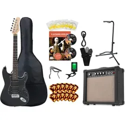 Rocktile E-Gitarre Pro ST60-BK All Black Super Kit - E-Gitarre mit 6 Saiten, inklusive Gitarrenverstärker und umfassendem Zubehör-Set für Einsteiger und Profis - ideal für kreative Musiker.