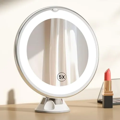 EMKE Tischspiegel mit Beleuchtung - 5-fach Vergrößerung, 360° schwenkbar - Tischspiegel mit LED-Beleuchtung und starkem Saugnapf für optimale Stabilität. Ideal für präzises Schminken und Rasieren, perfekt für unterwegs.