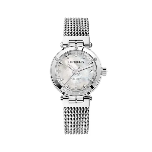 Michel Herbelin NEWPORT 1658/89B Damen Automatikuhr - Elegante Damen Automatikuhr mit edlem Edelstahlgehäuse und kratzfestem Saphirglas. Das Perlmuttzifferblatt mit Diamanten und das stilvolle Milanaiseband machen sie zum perfekten Accessoire.