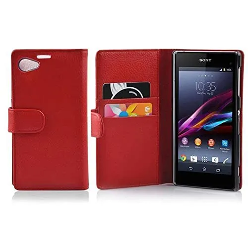 Cadorabo Hülle kompatibel mit für Sony Xperia Z1 COMPACT Handyhülle aus Kunst Leder Flip Klappbare Magnetische [Standfunktion] [Kartenfächern] Cover Hülle für Sony Xperia Z1 COMPACT Tasche in Rot