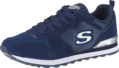Skechers Damen retros-og 85-gold riem Sneaker - Damen-Sneaker aus hochwertigem Navy Suede und Mesh mit silbernen Akzenten, ideal für stilvolle Freizeitlooks und optimalen Tragekomfort.