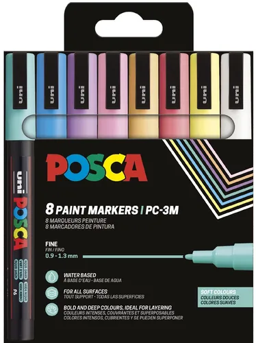 Posca Acrylstifte PC-3M, 8 Stück Pastell Pigmentmarker - Schreibutensilien mit 8 pastellfarbenen Acrylmarkern, ideal für kreative Projekte auf verschiedenen Oberflächen. Die hochwertige Rundspitze sorgt für präzise Strichbreiten von 0,9 - 1,3 mm und brillante Farbintensität.