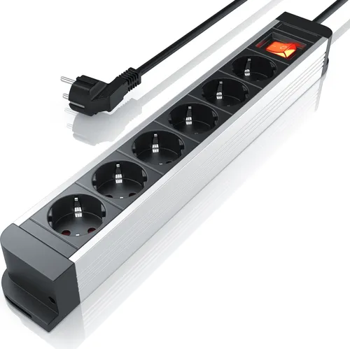 Arendo 6-fach Steckerleiste aus Aluminium mit Ein/Aus-Schalter - Steckdosen & Zubehör - Robuste 6-fach Steckdosenleiste mit beleuchtetem Schalter, Kindersicherung und flexibler Wandmontage für maximale Sicherheit und Energieeinsparung.