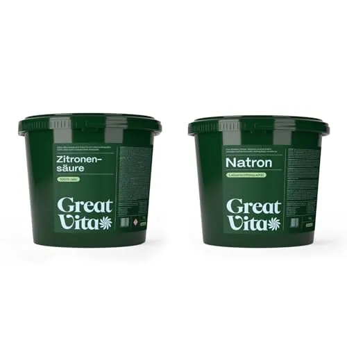 GreatVita Natron & Zitronensäure Pulver Set | 2 x 5 kg Eimer Lebensmittelqualität E500ii + E330 | Baking Soda & Citronensäure | zum Reinigen, Entkalken, Backen & Kochen | umweltfreundlich & chemiefrei
