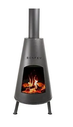 BonFeu BonPyra Terrassenofen Schwarz - Feuerkorb für Holz und Holzbriketts, mit praktischer Aschelade und einfacher Selbstmontage – ideal für gemütliche Abende im Garten.