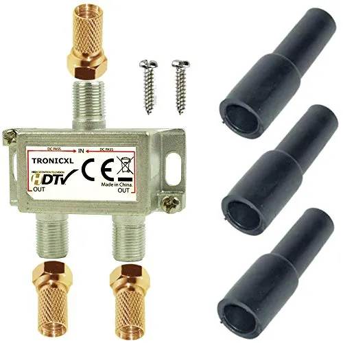 TronicXL Sat Splitter 2-Fach HD tauglich digital Antennenverteiler TV Verteiler F-Stecker Adapter Wetterschutz DC-Durchlass kompatibel mit für DVBT DVBC Unitymedia Vodafone Kabelfernsehen Silver Line