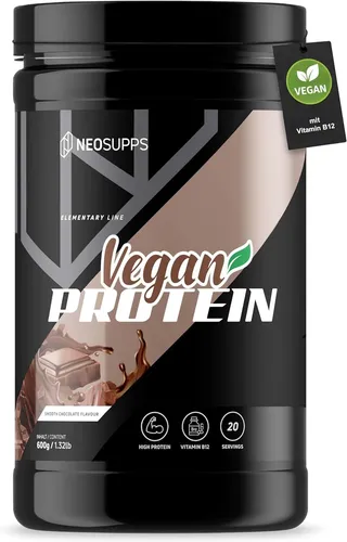 NEOSUPPS Vegan Protein Pulver - Smooth Chocolate, 600g - Hochwertiges veganes Proteinpulver mit Erbsen-, Reis- und Kürbiskernprotein. Angereichert mit Vitamin B12, zuckerarm und ideal für einen proteinreichen Ernährungsplan. Lecker und leicht löslich für 20 köstliche Portionen.