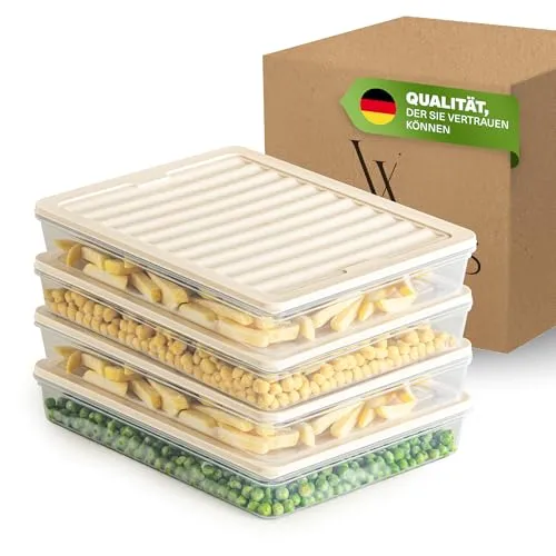 Viwares Stapelbare Gefrierdosen 4er Set - Beige, Frostfest bis -25°C - Praktisches 4-teiliges Frischhaltedosen-Set für Kühlschrank und Gefrierschrank, BPA-frei und stapelbar. Ideal für die platzsparende Aufbewahrung von Lebensmitteln und Resten.