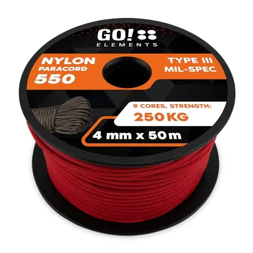 GO!elements Paracord 550 - 4mm Abspannleine - Robuste 50m Nylonschnur in Rot, ideal für Camping und Outdoor-Aktivitäten, reißfest und vielseitig einsetzbar.