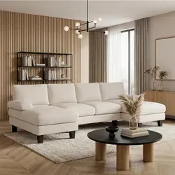 BEALIFE U-förmiges Sofa mit Schlaffunktion – 4-Sitzer in Beige/Grau - Geräumiges U-förmiges Sofa mit doppelter Recamiere für gesellige Runden. Ergonomische Rückenlehne und strapazierfähiger Cord-Bezug sorgen für hohen Sitzkomfort. Lieferung in 3 Paketen für einfache Montage.