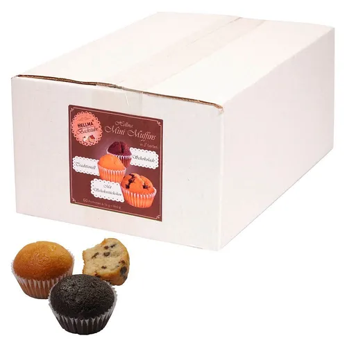 HELLMA Muffins Mini Kuchen 60 Stück - Gebäck u. Kekse – Perfekt als Gastgeschenk oder kleine Aufmerksamkeit, 60 einzeln verpackte Muffins in 3 Geschmacksrichtungen, frisch und ideal für jeden Anlass.