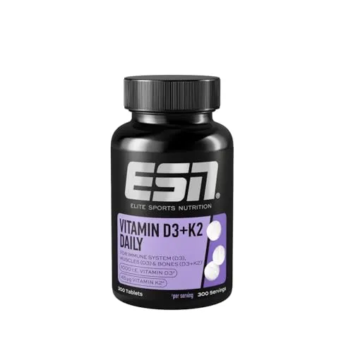 ESN Vitamin D3 + K2 Daily, 300 Tabletten - Hochwertige Tabletten mit Vitamin D3 und K2 für deine tägliche Versorgung. Ideal zur Unterstützung der Muskeln und Knochen. Made in Germany und nach höchsten Qualitätsstandards produziert.