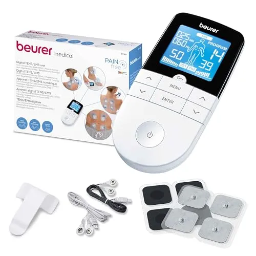 Beurer EM 49 Digital TENS EMS - 3-in-1 Reizstromgerät zur Schmerzlinderung, effektive Muskelstimulation und wohltuende Massage mit 64 Programmen und 4 Elektroden