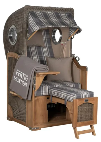 MR.DEKO Strandkorb Düne Single 1-Sitzer mit Bullauge - Wetterfester Vollieger für Garten, Terrasse & Balkon, mit Edelstahlbeschlägen, waschbaren Polstern und schwenkbarem Bistrotisch – ideal für entspannte Stunden im Freien.