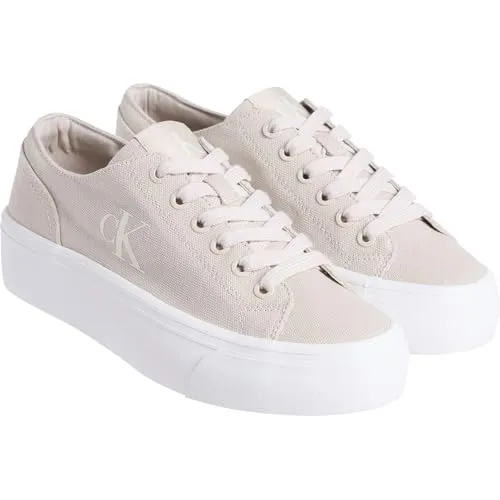 Calvin Klein Damen Vulc Flatform CV MG YW0YW01763 Low Top - Beige (Eggshell/Creamy White) - Damen-Sneaker mit lackierten Metallösen und Calvin Klein Logo, ideal für einen modernen Look und hohen Tragekomfort.
