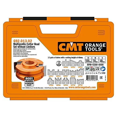 CMT ORANGE TOOLS 692.013.02 13-teiliges Multiprofilset - Eisenwaren mit 13 Profilmessern und Messerkopf für präzise Verbindungen und elegante M.beltüren, sicher verpackt in einem stabilen Koffer.