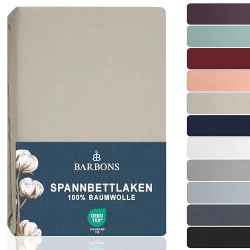 BARBONS Spannbettlaken 120x200cm - 100% Baumwolle Spannbetttuch Oeko-TEX Zertifiziert Bettlaken Jersey Bettwaren und Bettbezug für Boxspringbett und Dicke Matratzen bis 27 cm - Sand 120 x 200
