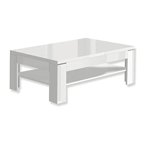 FORTE Savoy Couchtisch mit Ablage – Hochglanz Weiß, 120 x 75 x 43 cm - Esszimmertisch mit pflegeleichter Oberfläche und stabilen, massiven Beinen für eine maximale Belastbarkeit von 40 Kilo – ideal für stilvolles Wohnen.